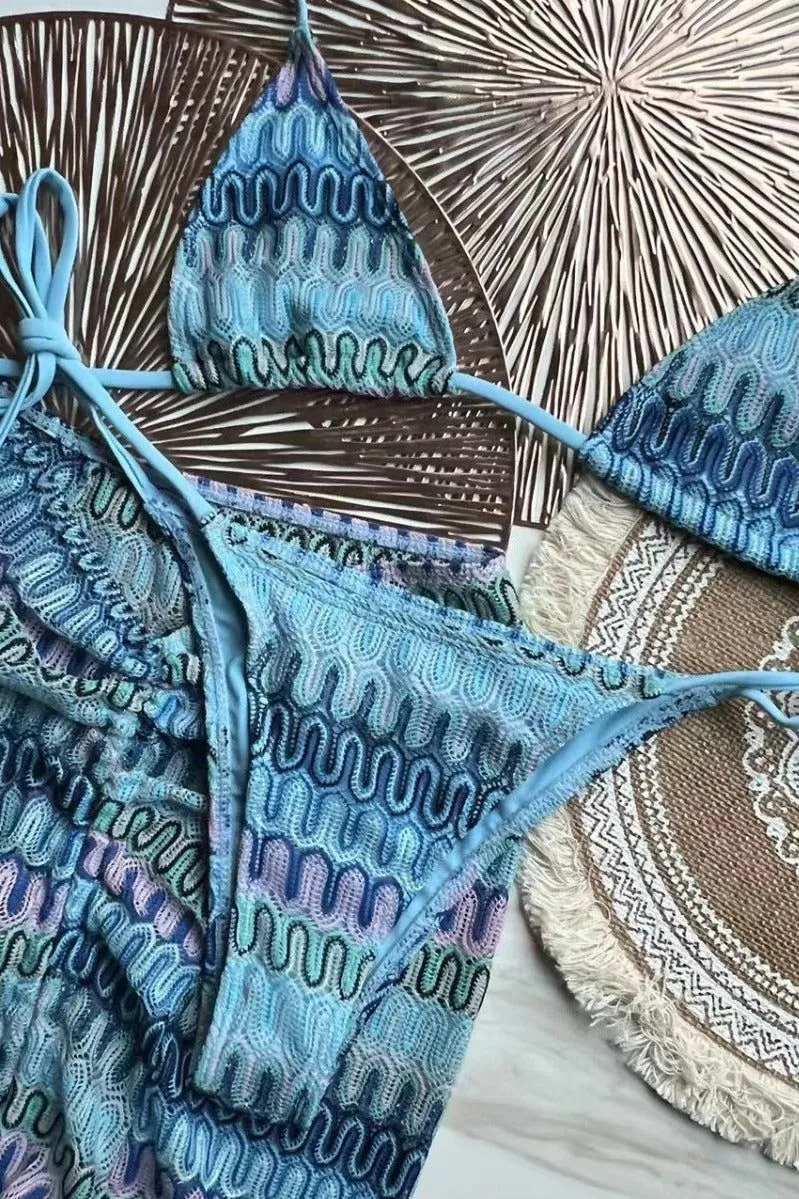 Three-Piece Knitted Gradient Striped Bikini