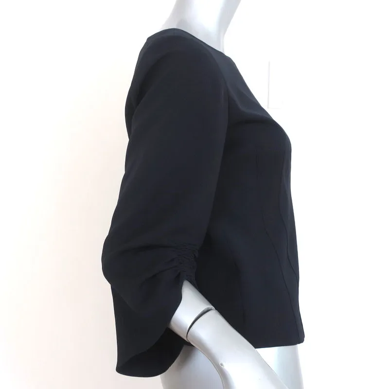 Tibi Ruched Sleeve Top Black Crepe Size 4 Zip-Back Blouse NEW