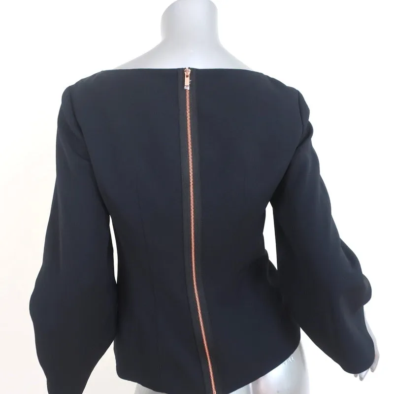 Tibi Ruched Sleeve Top Black Crepe Size 4 Zip-Back Blouse NEW