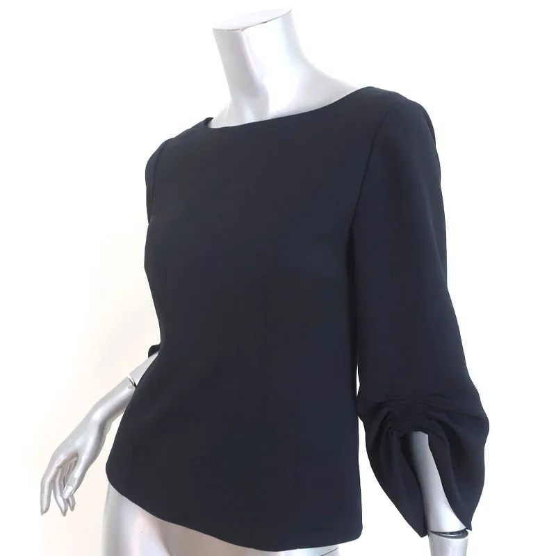 Tibi Ruched Sleeve Top Black Crepe Size 4 Zip-Back Blouse NEW