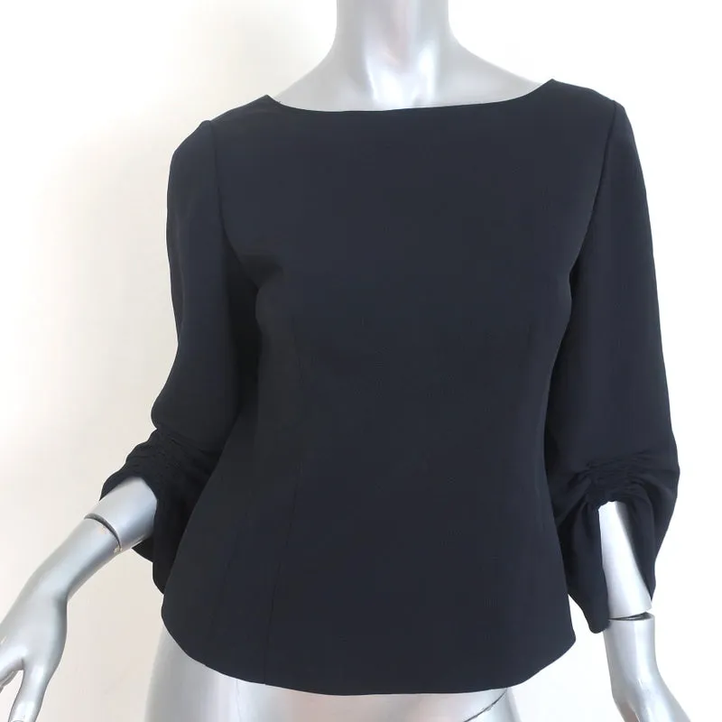 Tibi Ruched Sleeve Top Black Crepe Size 4 Zip-Back Blouse NEW