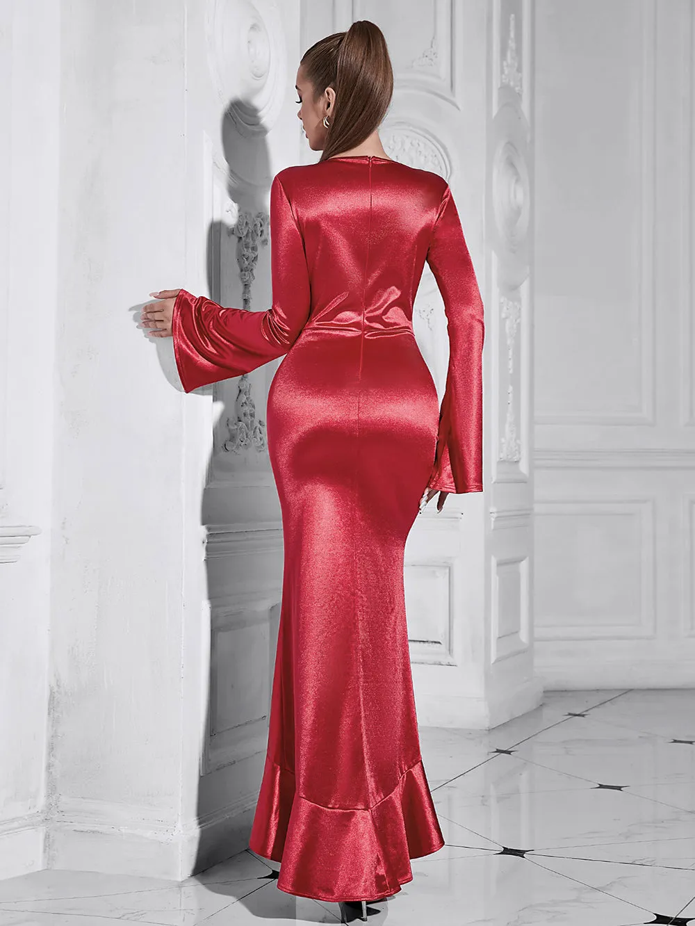 V Neck Long Sleeve Flounced Maxi Bodycon Dress HB10191