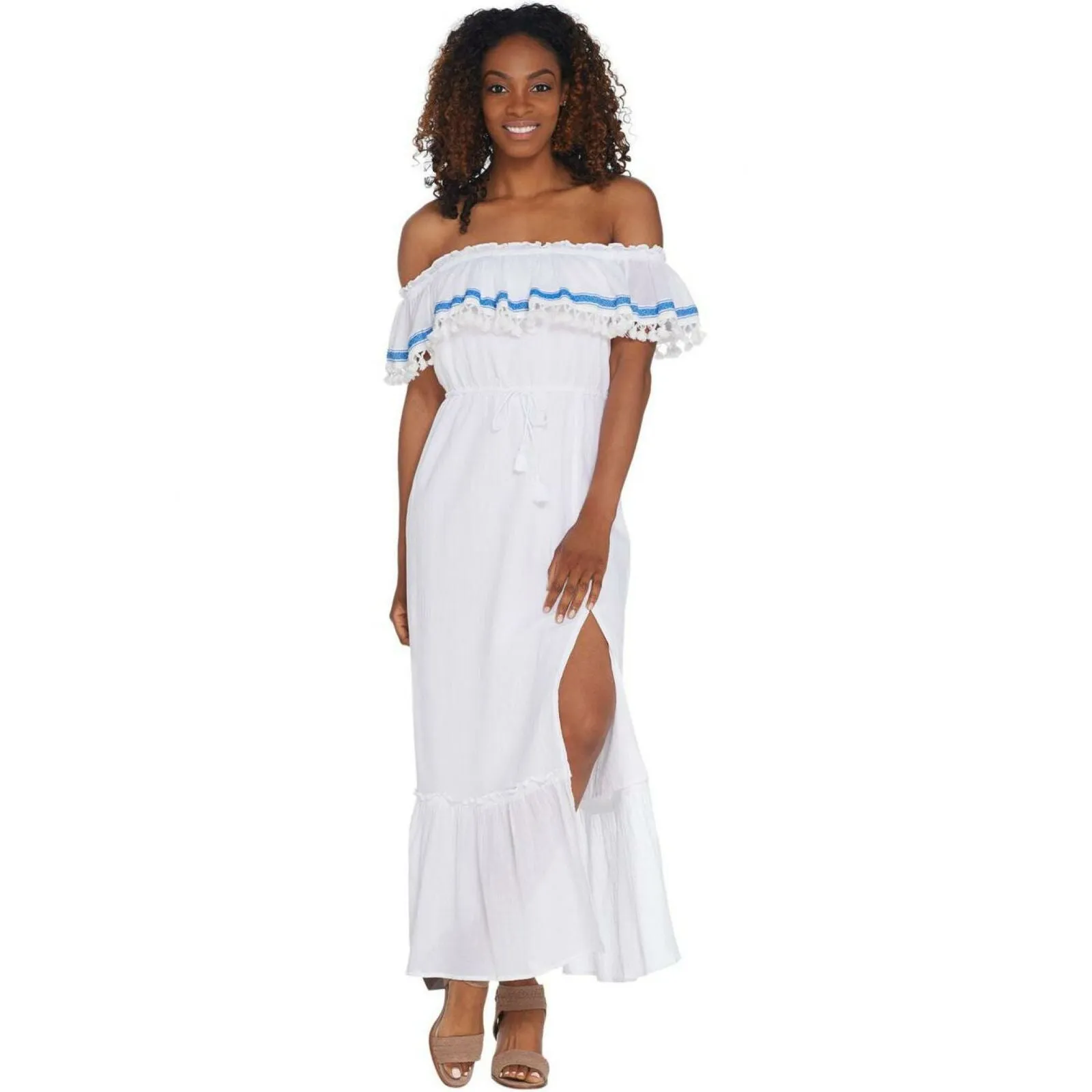 Vince Camuto Ruffled Off-the-Shoulder Belted Maxi Dress Ultra White Plus 3X