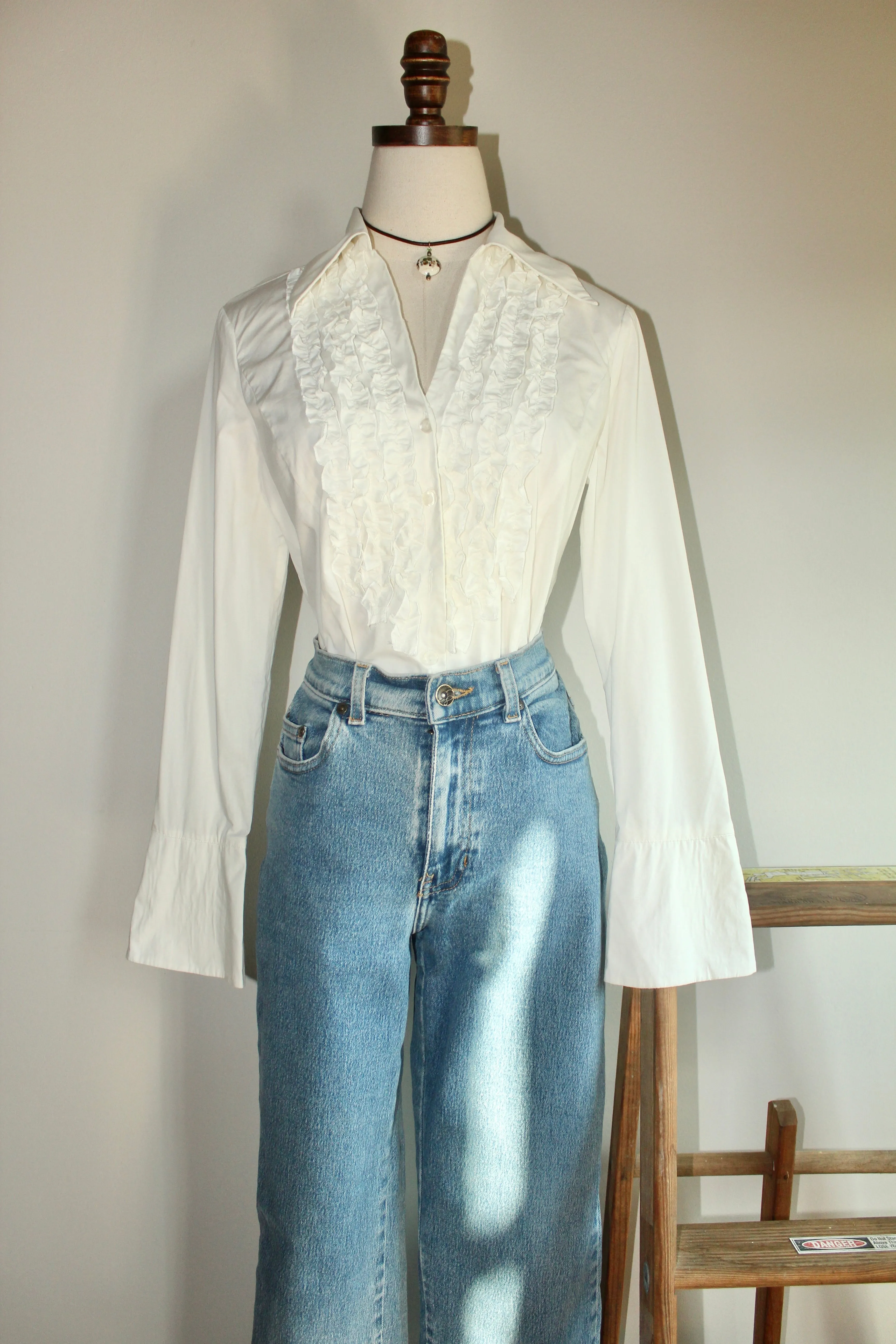 Vintage 90s Ruffled Ivory Button Up (S-M)