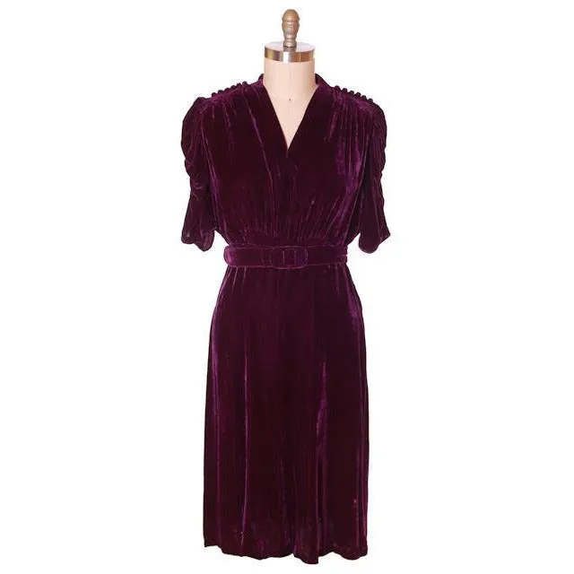 Vintage Dress Eggplant Purple Velvet Early 1940s Magicvel 44-36-42