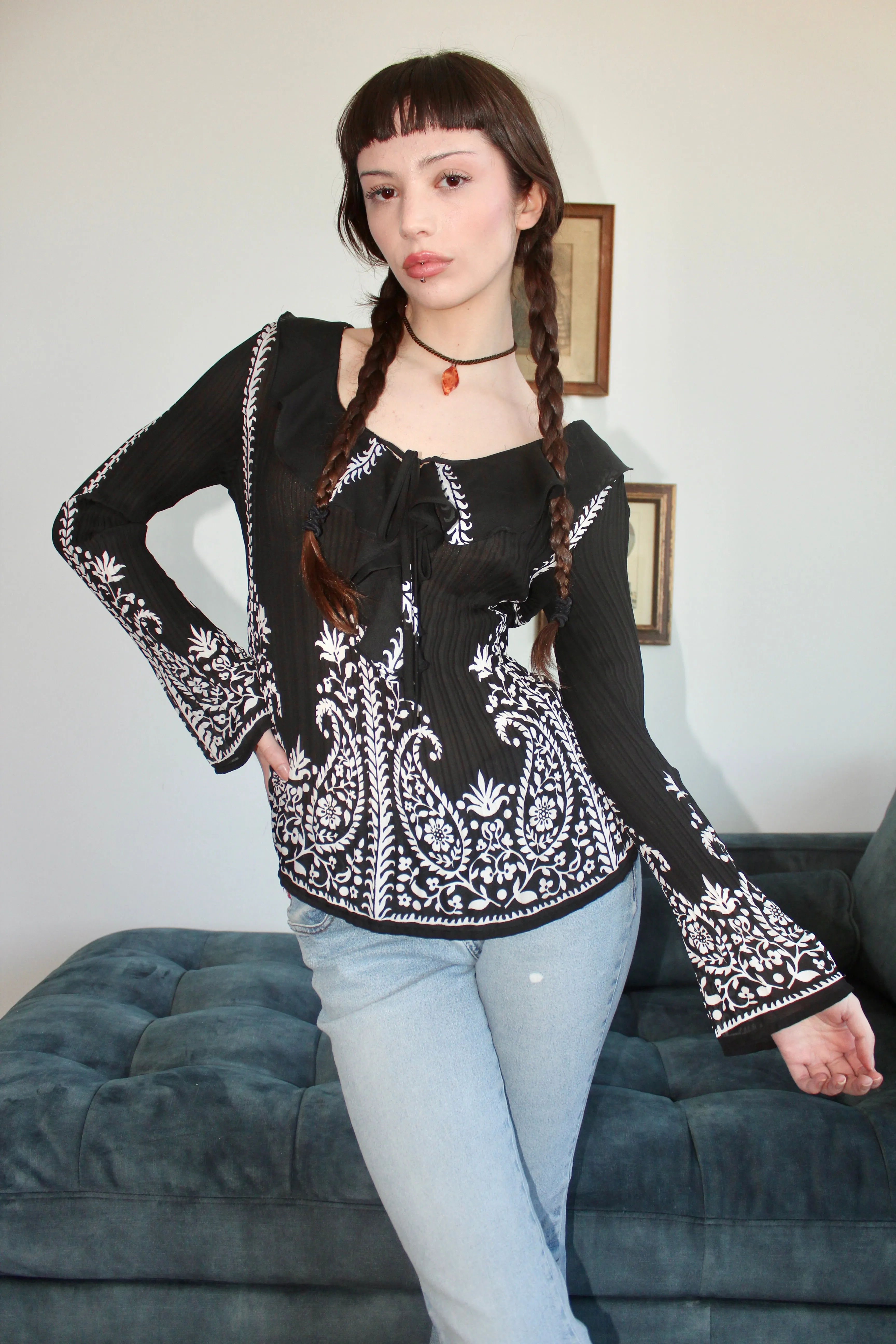 Vintage Ruffled Pleated Paisley Blouse (S-M)