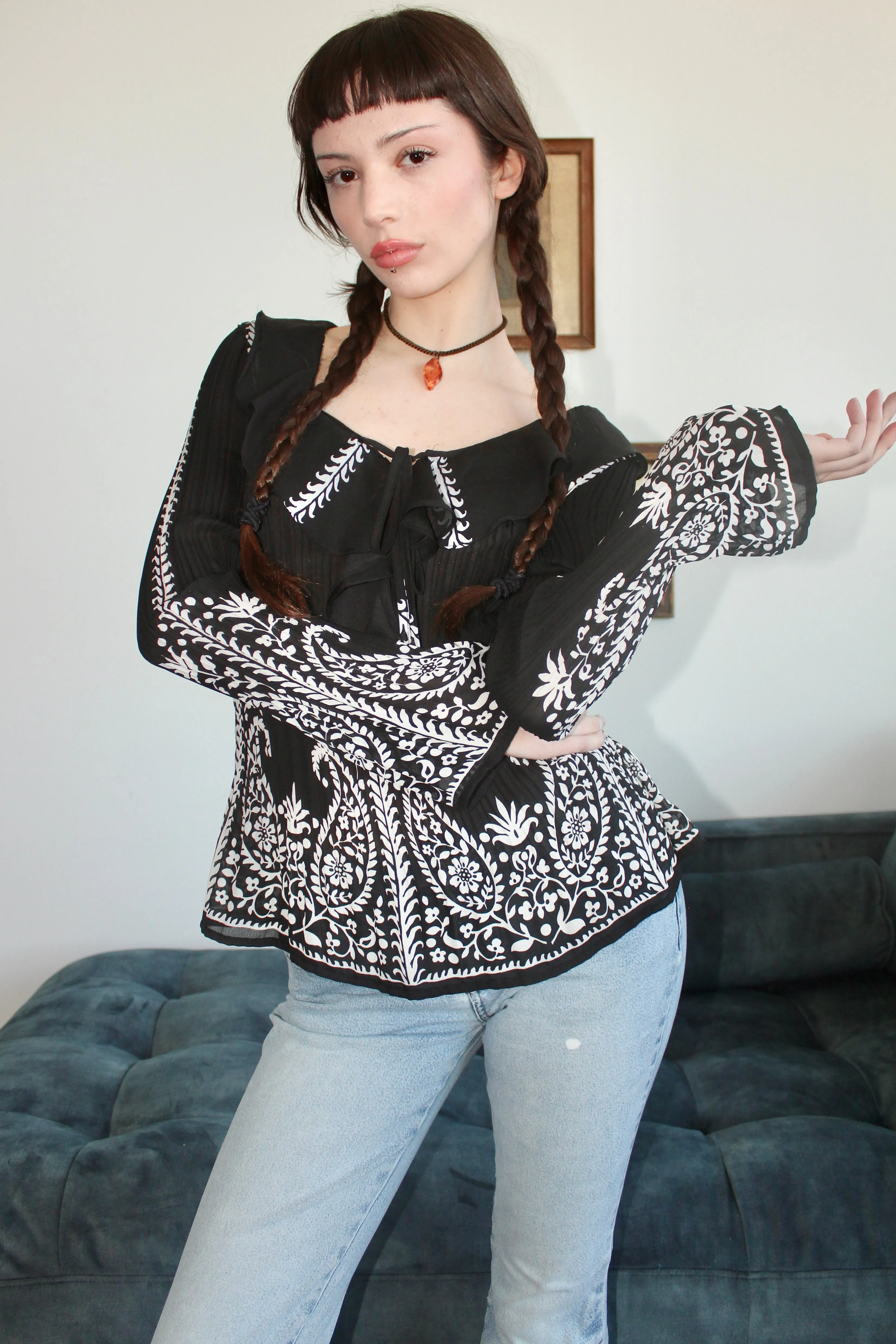 Vintage Ruffled Pleated Paisley Blouse (S-M)