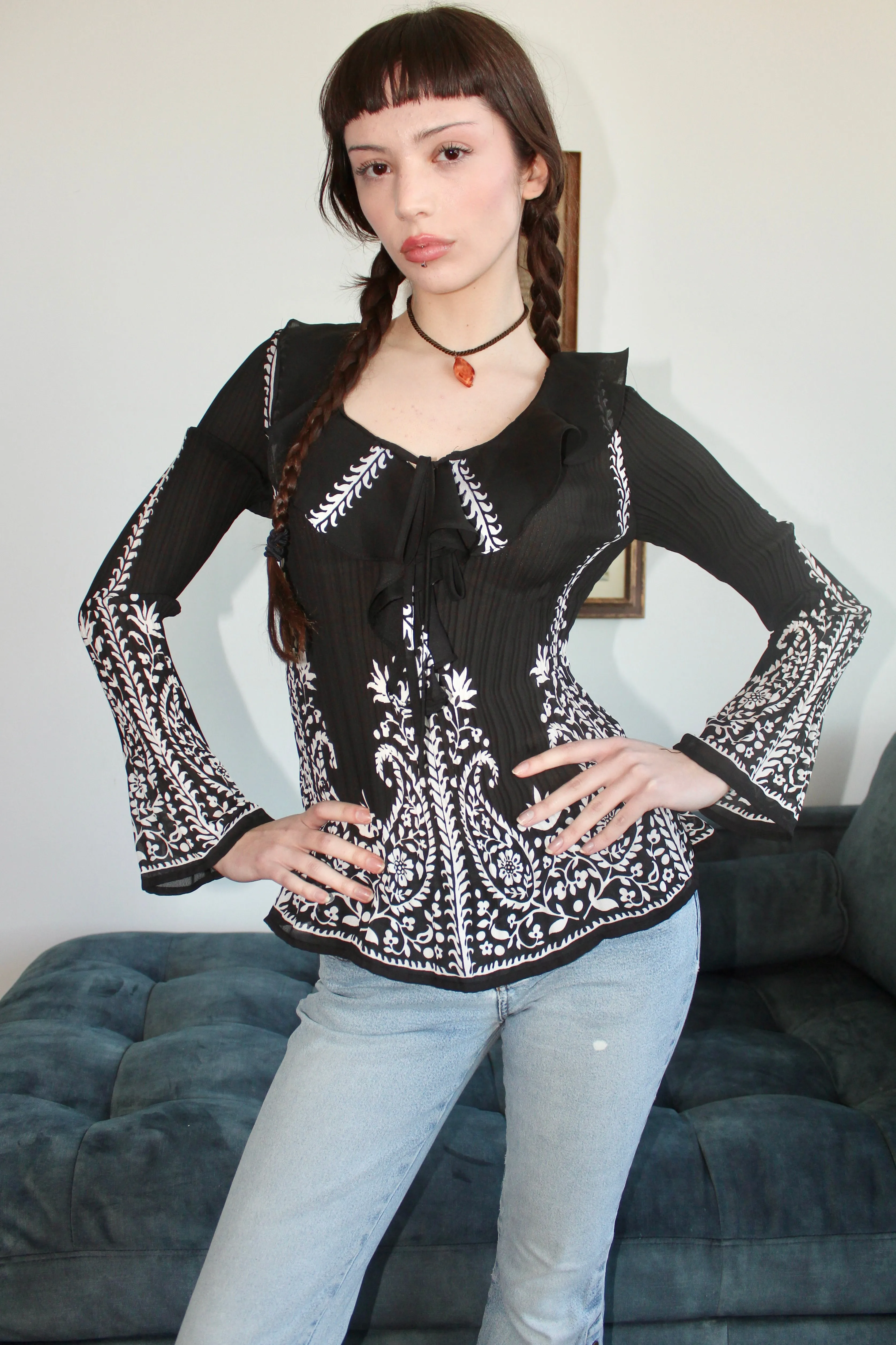 Vintage Ruffled Pleated Paisley Blouse (S-M)