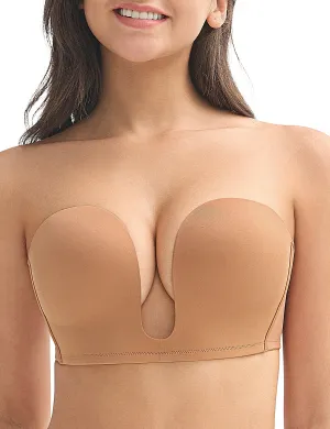 Wingslove Women's Deep V Plunge Strapless Bra Multiway Push Up Low-Cut Bras Wireless Red Carpet Clear Back Milk Coffee