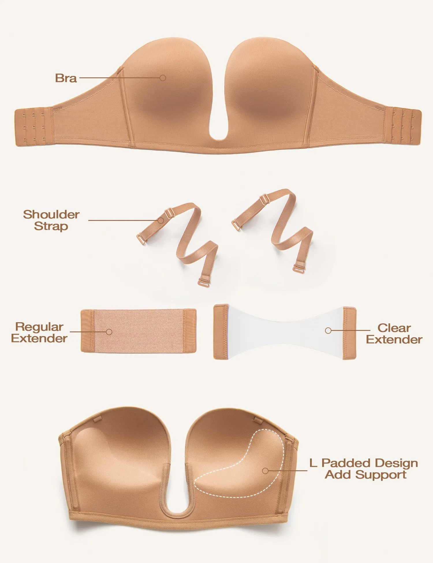 Wingslove Women's Deep V Plunge Strapless Bra Multiway Push Up Low-Cut Bras Wireless Red Carpet Clear Back Milk Coffee