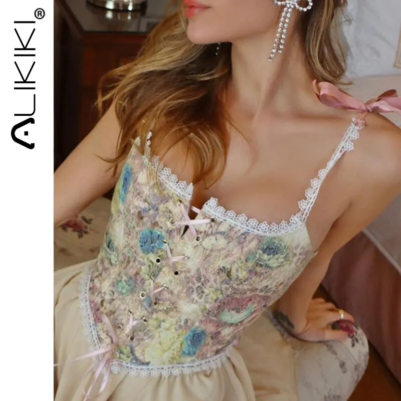 Women Spaghetti Strap Floral Corset Crop Top To Wear Out French Style
