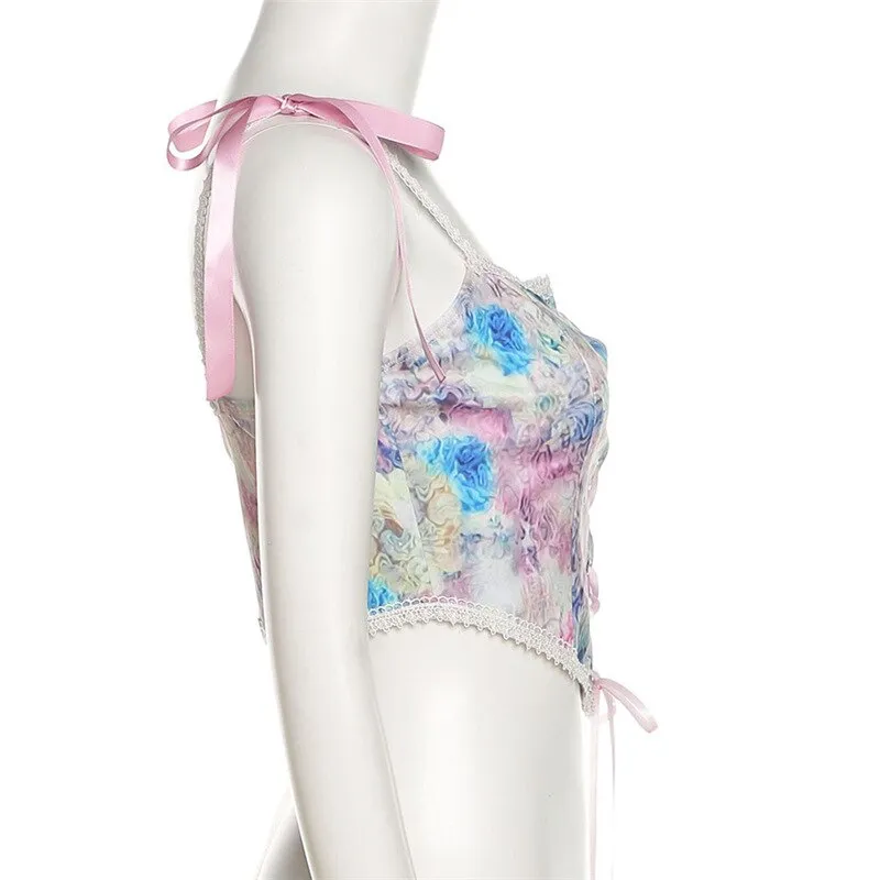 Women Spaghetti Strap Floral Corset Crop Top To Wear Out French Style