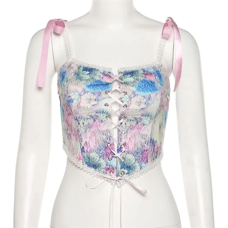Women Spaghetti Strap Floral Corset Crop Top To Wear Out French Style