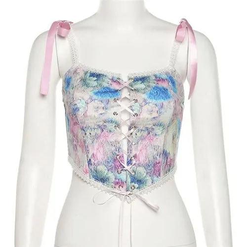 Women Spaghetti Strap Floral Corset Crop Top To Wear Out French Style