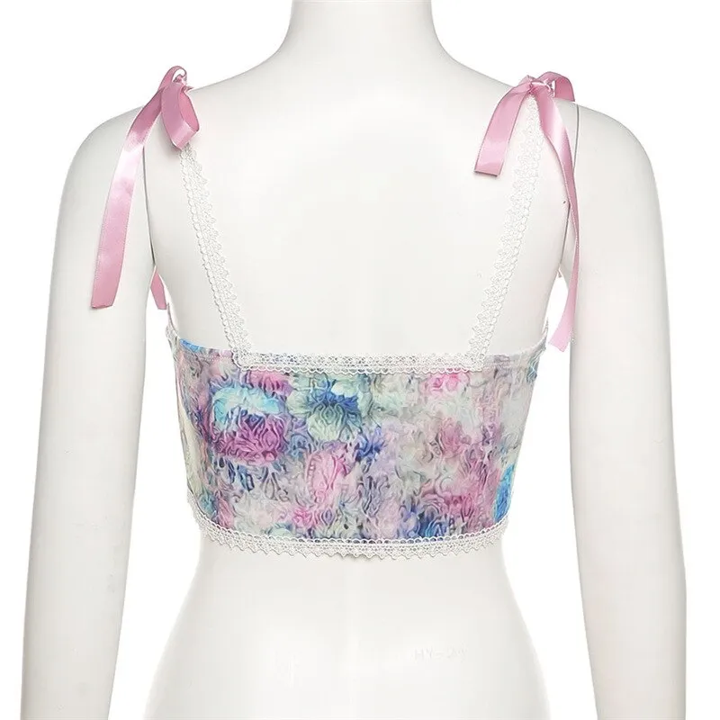Women Spaghetti Strap Floral Corset Crop Top To Wear Out French Style