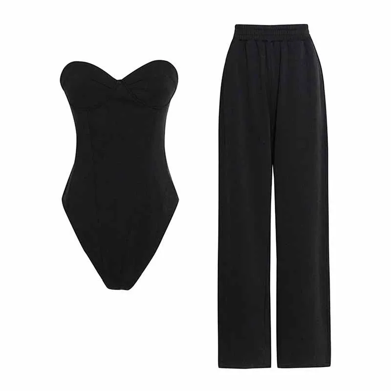 Women's black Strapless Pantsuit Casual Crop   Wide Legs Pants Suit