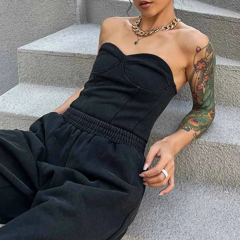 Women's black Strapless Pantsuit Casual Crop   Wide Legs Pants Suit