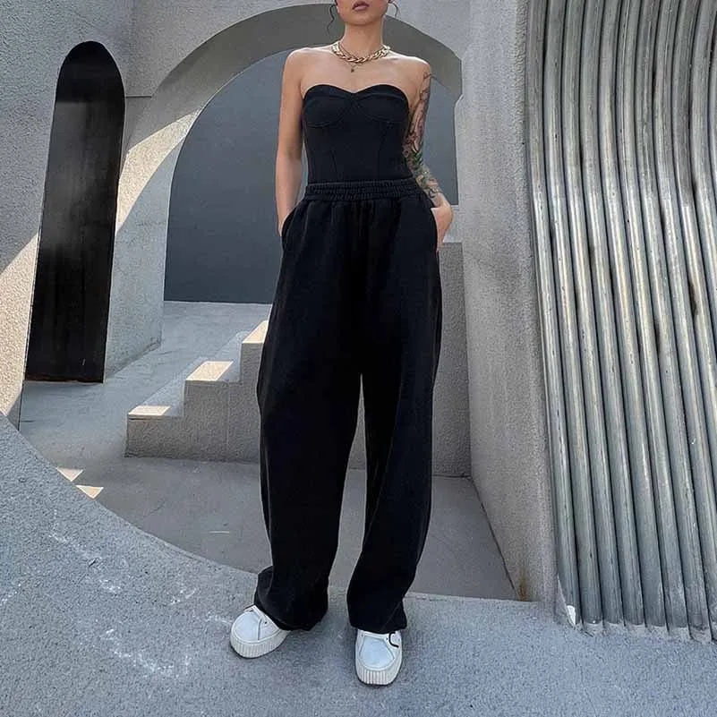 Women's black Strapless Pantsuit Casual Crop   Wide Legs Pants Suit