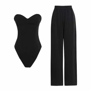 Women's black Strapless Pantsuit Casual Crop   Wide Legs Pants Suit