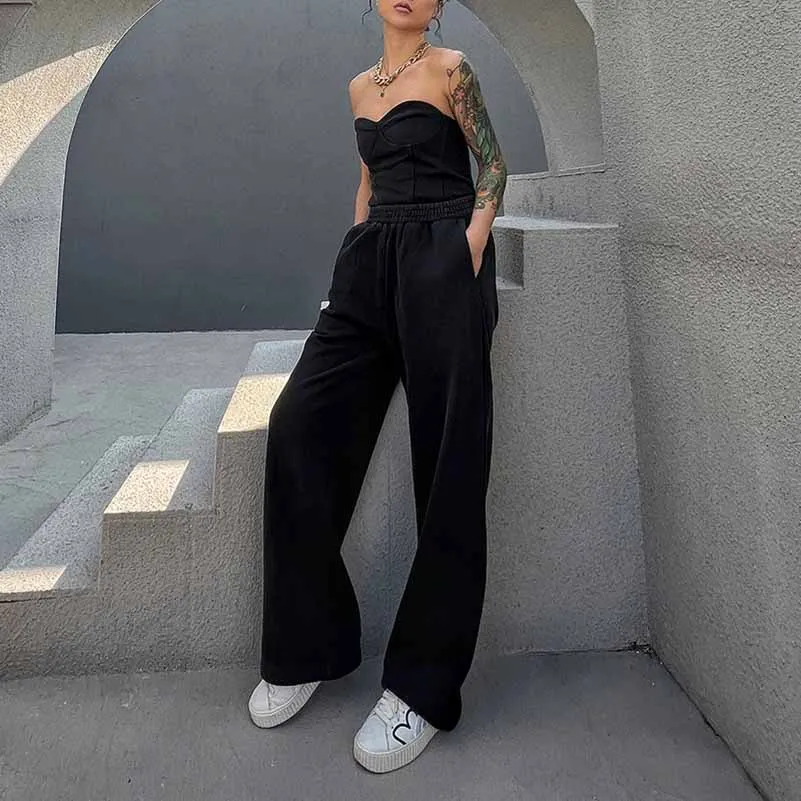 Women's black Strapless Pantsuit Casual Crop   Wide Legs Pants Suit