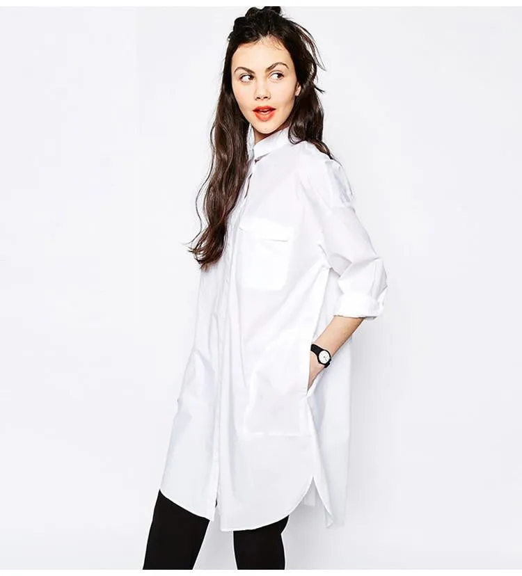 Women's Blouses Shirt Women Long Sleeve Pocket Tops Ladies Boyfriend Style Fashion Clothing White Female Clothes Big