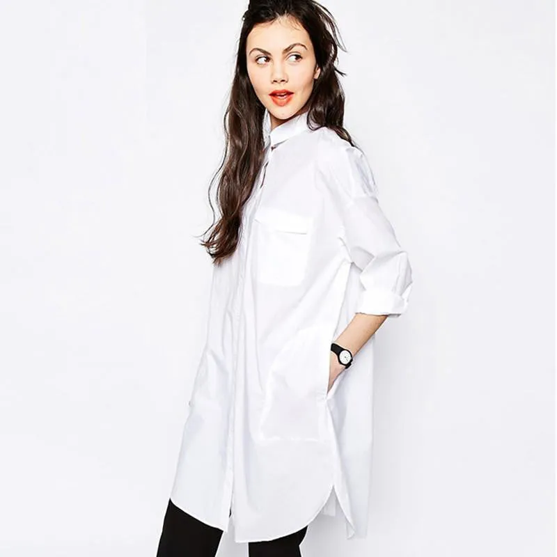 Women's Blouses Shirt Women Long Sleeve Pocket Tops Ladies Boyfriend Style Fashion Clothing White Female Clothes Big