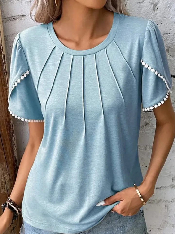 Women's Elegant Crew Neck Ruffled Short Sleeve Summer T-shirt