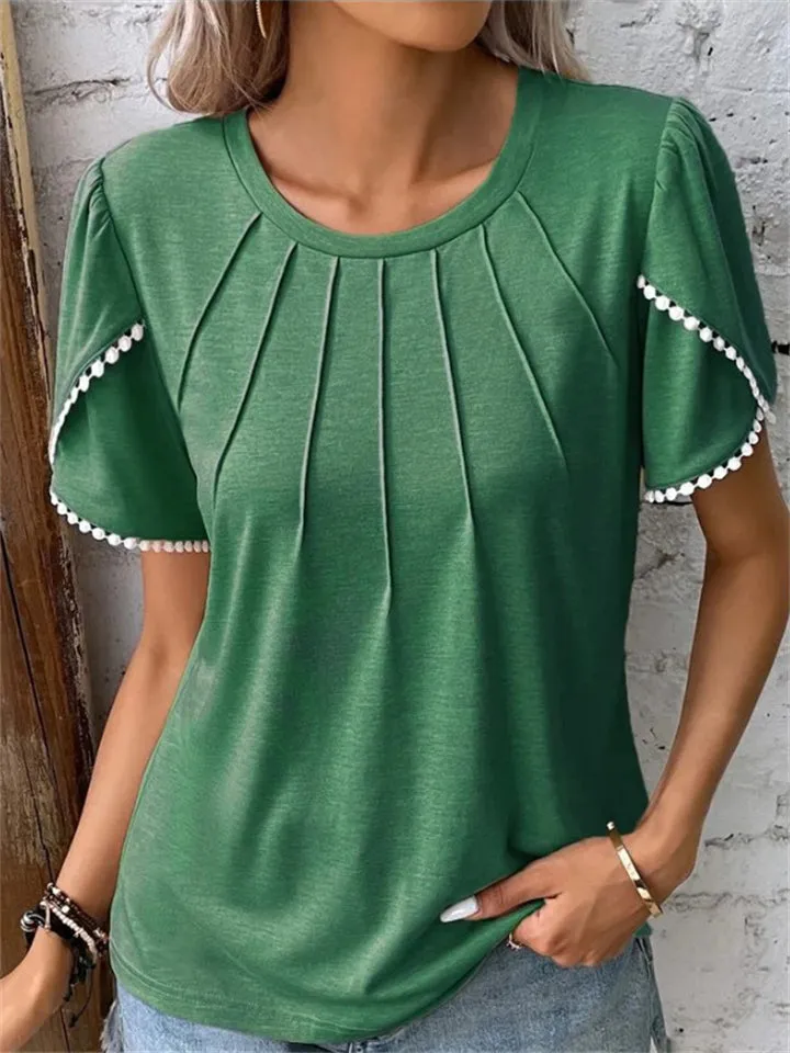 Women's Elegant Crew Neck Ruffled Short Sleeve Summer T-shirt