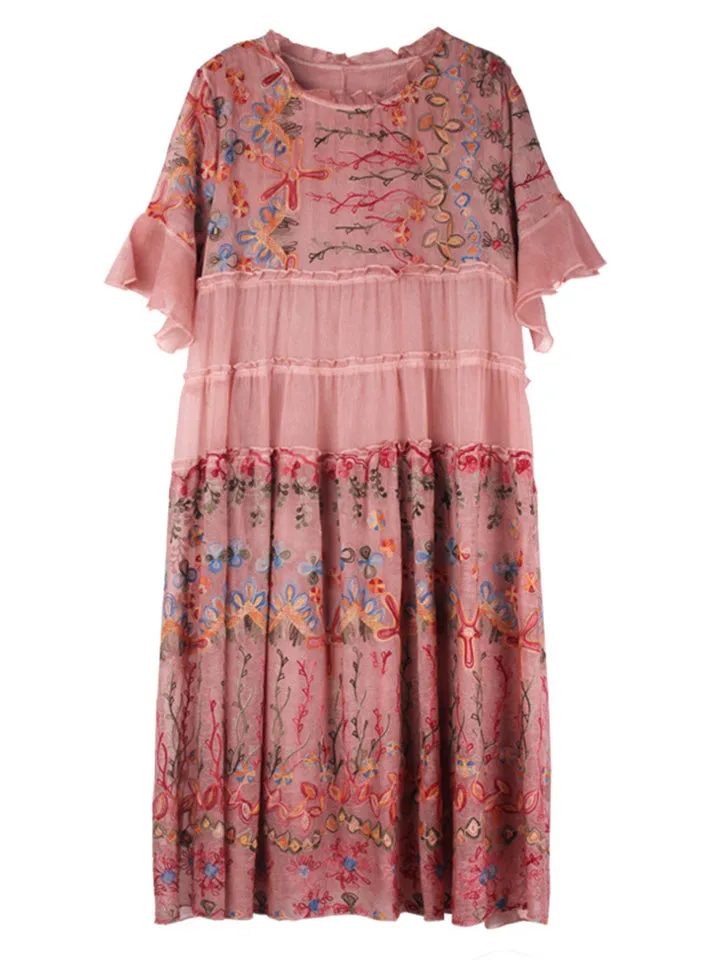 Women's Flare Sleeve Ruffled Floral Embroidered Dresses