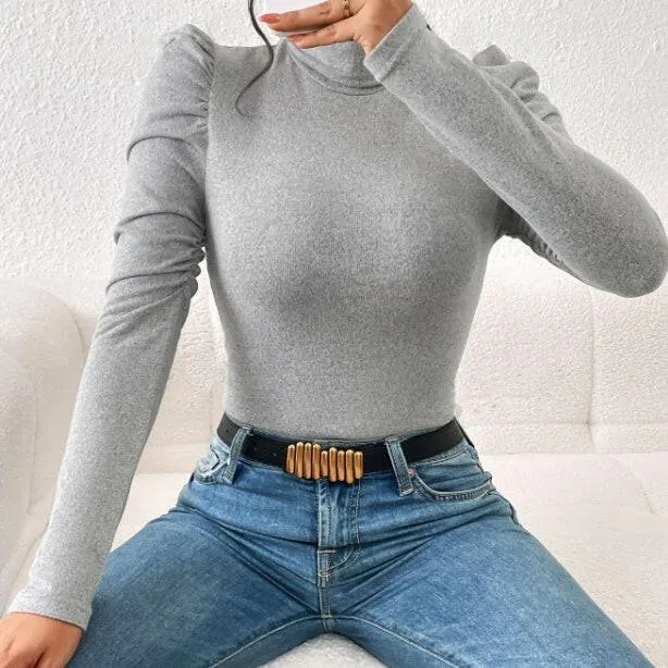 Women's High Neck Solid Color Bubble Sleeve Slim Fit Base T-shirt
