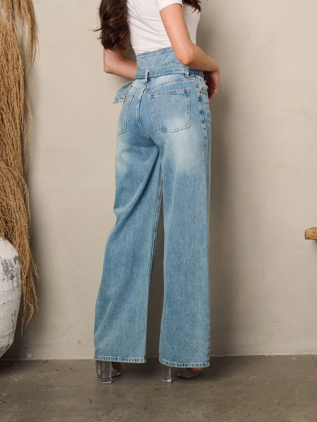 WOMEN'S HIGH WAIST BELTED DENIM PANTS