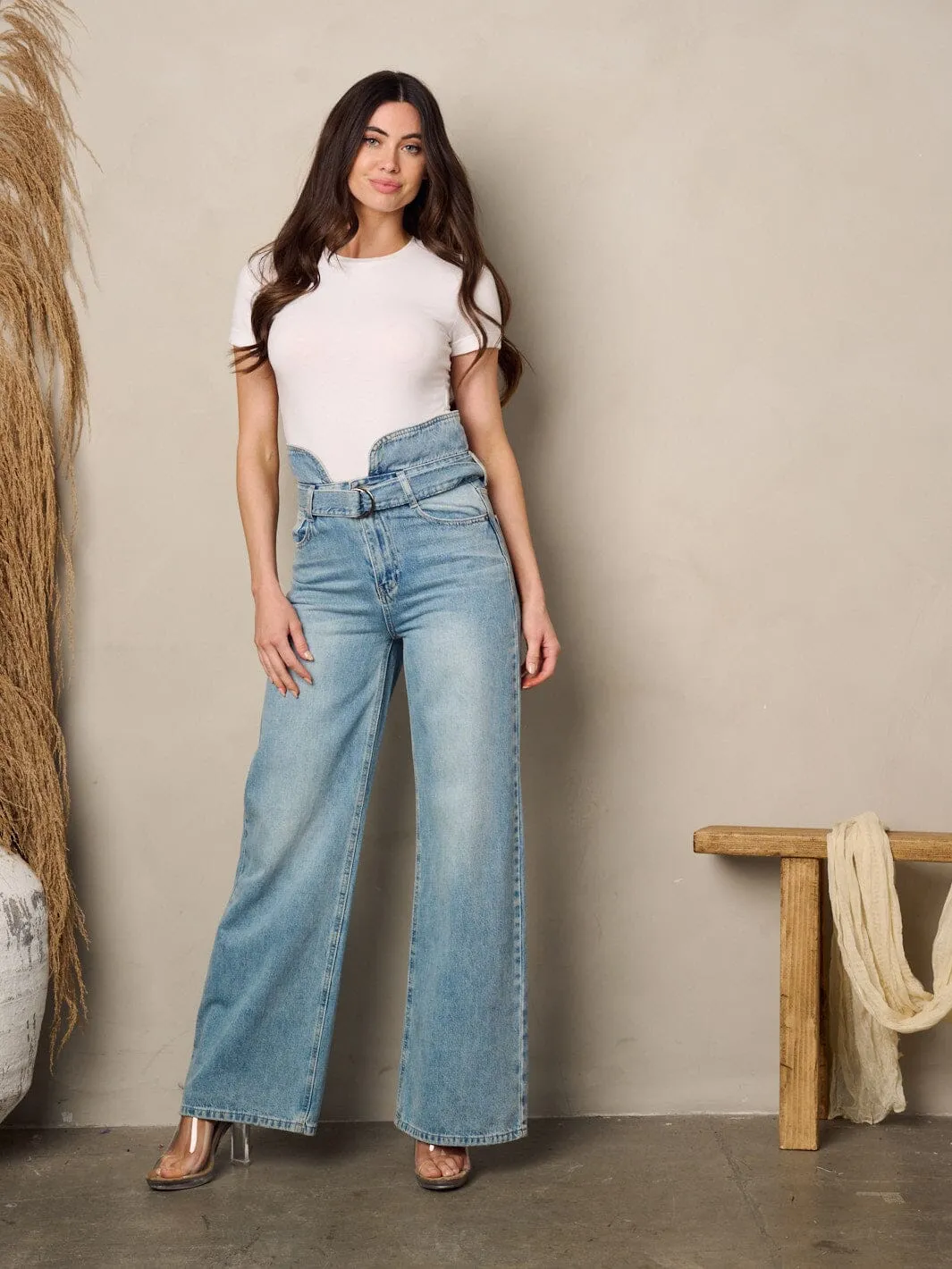 WOMEN'S HIGH WAIST BELTED DENIM PANTS
