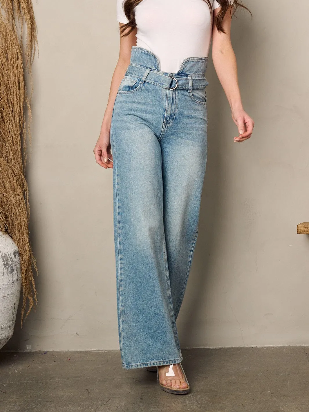 WOMEN'S HIGH WAIST BELTED DENIM PANTS