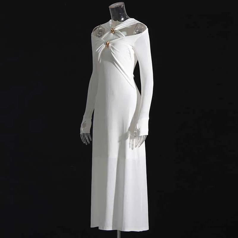 Womens Hollowed Out Twisted Slim Fit Long Sleeved Midi Dress
