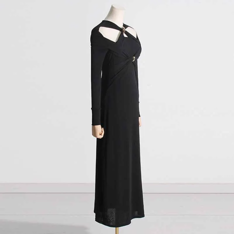 Womens Hollowed Out Twisted Slim Fit Long Sleeved Midi Dress