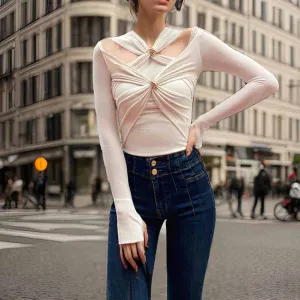 Womens Hollowed out twisted top slim fit long sleeved T-shirt top