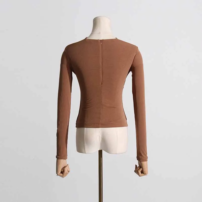 Womens Hollowed out twisted top slim fit long sleeved T-shirt top