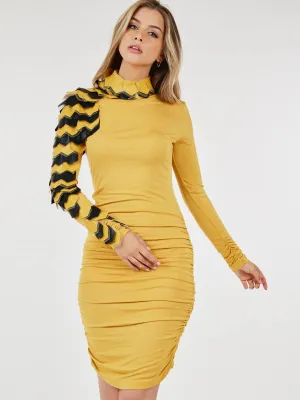 WOMEN'S LONG DETAILED SLEEVE RUCHED BODYCON MINI DRESS