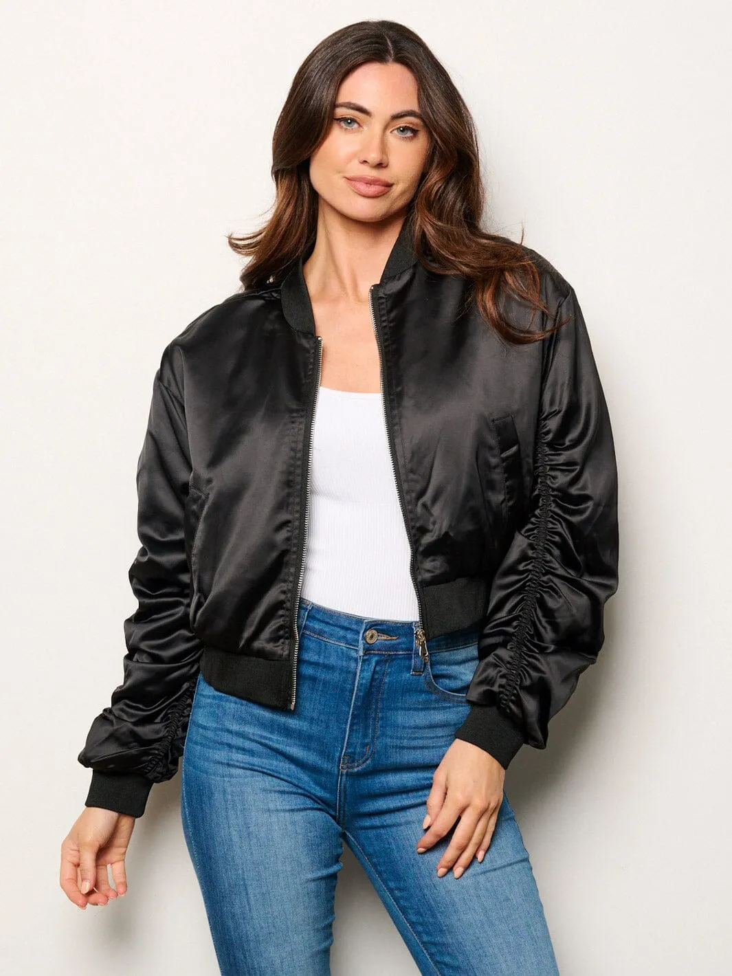 WOMEN'S LONG RUCHED SLEEVES POCKETS ZIP UP JACKET