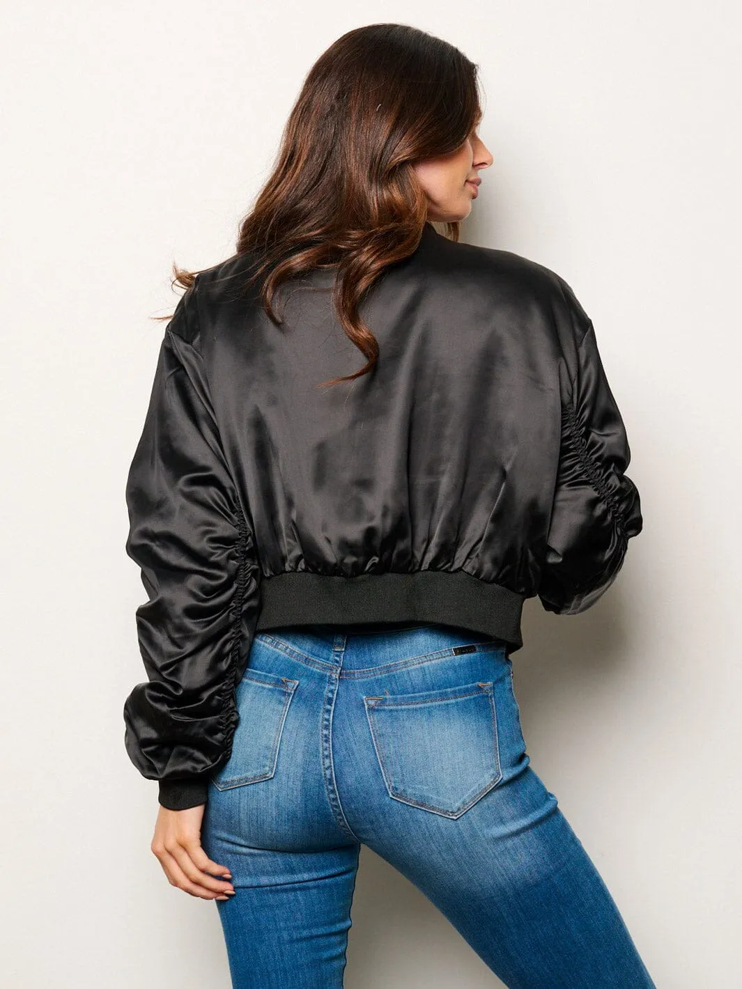 WOMEN'S LONG RUCHED SLEEVES POCKETS ZIP UP JACKET