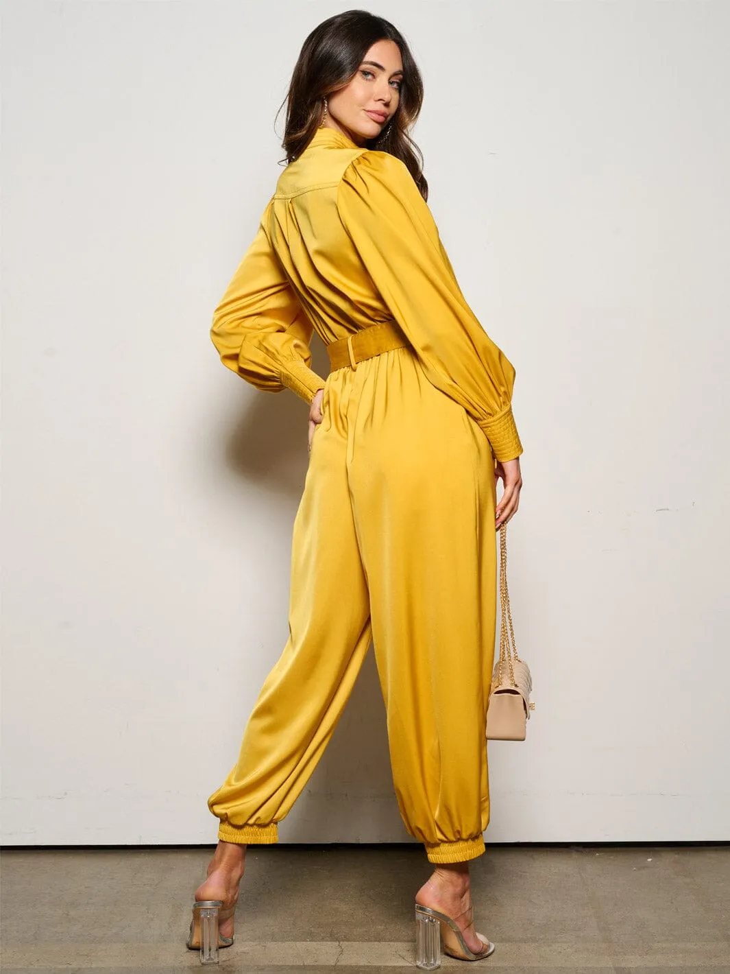 WOMEN'S LONG SLEEVE BUTTON UP POCKETS BELTED JUMPSUIT
