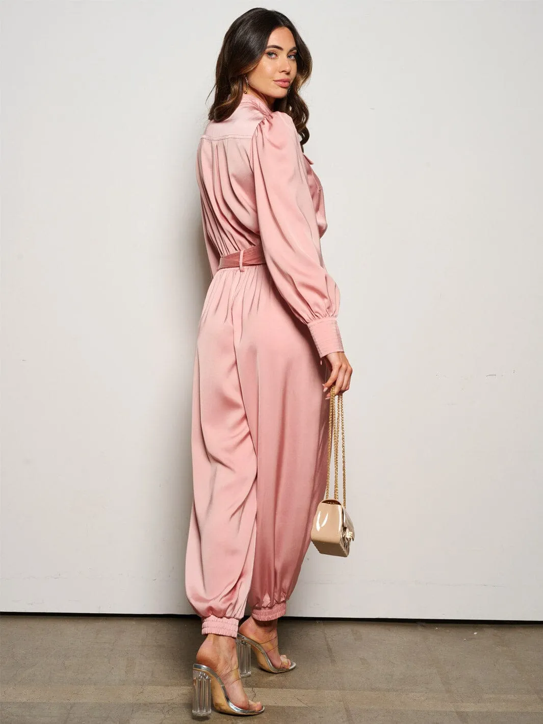 WOMEN'S LONG SLEEVE BUTTON UP POCKETS BELTED JUMPSUIT