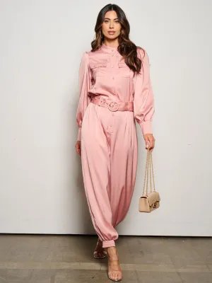 WOMEN'S LONG SLEEVE BUTTON UP POCKETS BELTED JUMPSUIT