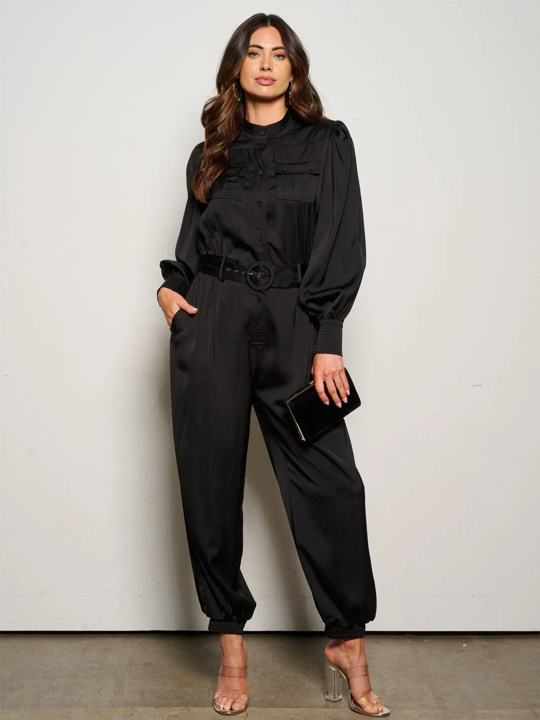 WOMEN'S LONG SLEEVE BUTTON UP POCKETS BELTED JUMPSUIT