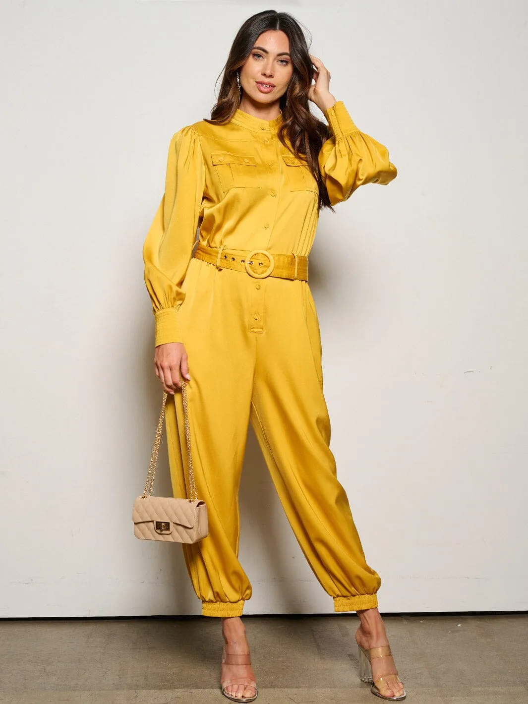 WOMEN'S LONG SLEEVE BUTTON UP POCKETS BELTED JUMPSUIT