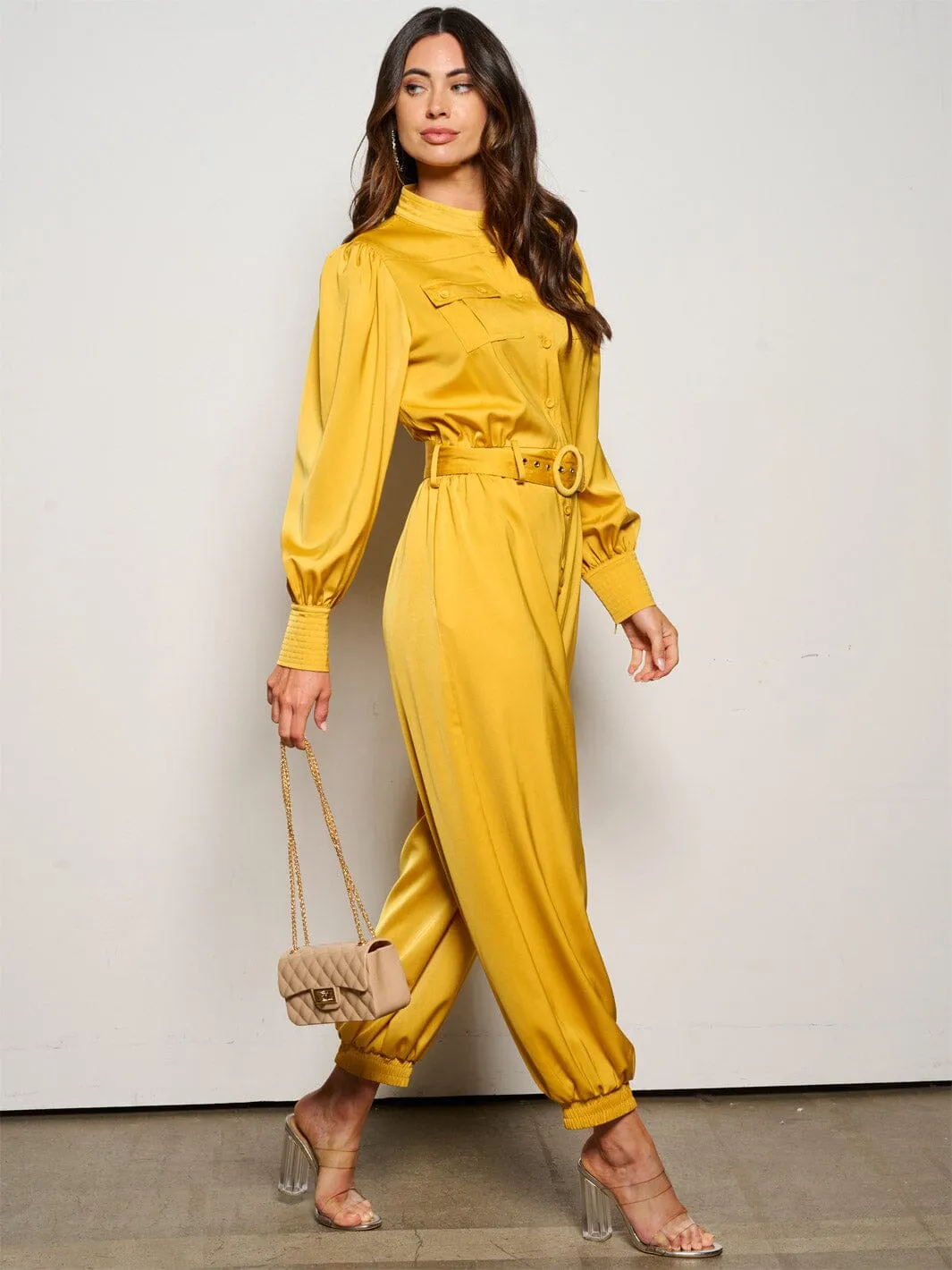 WOMEN'S LONG SLEEVE BUTTON UP POCKETS BELTED JUMPSUIT