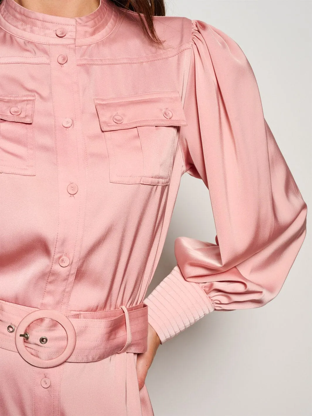 WOMEN'S LONG SLEEVE BUTTON UP POCKETS BELTED JUMPSUIT