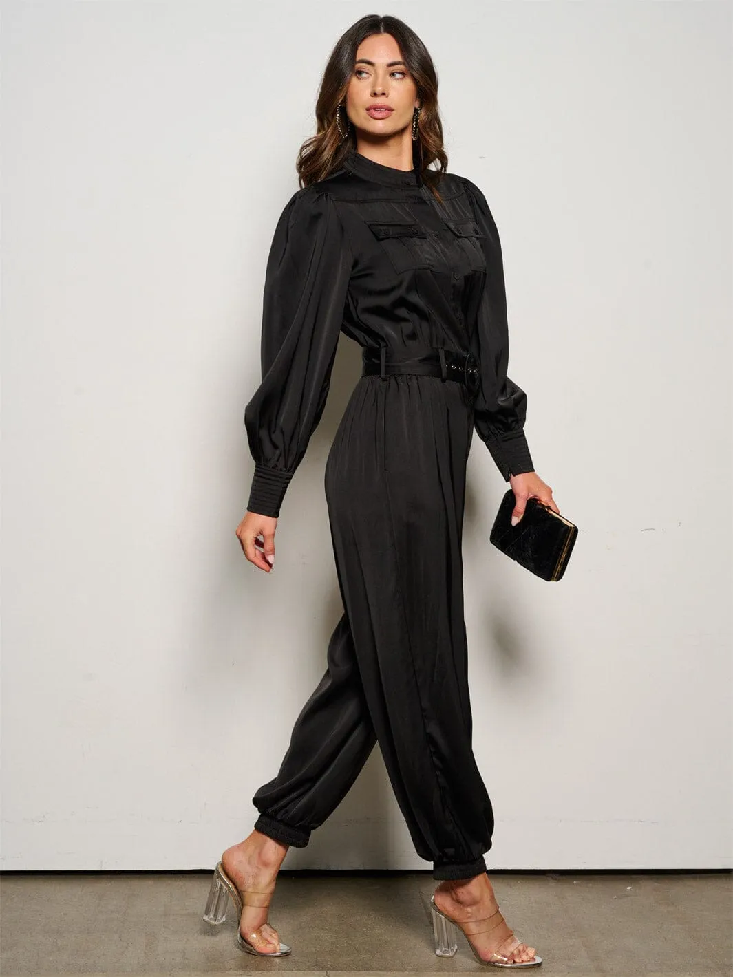 WOMEN'S LONG SLEEVE BUTTON UP POCKETS BELTED JUMPSUIT