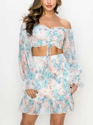 WOMEN'S LONG SLEEVE CROP TOP & RUFFLE MINI SKIRT FLORAL SET