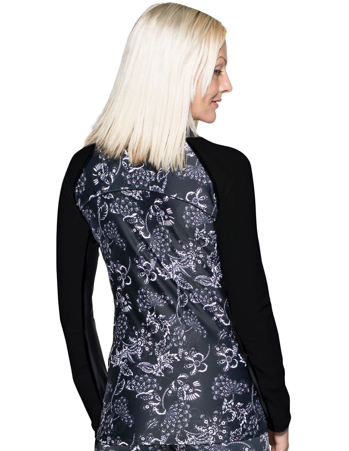 Women's Long Sleeve Quarter Zip Rash Guard (Regular & Plus Size) - Paisley/Black